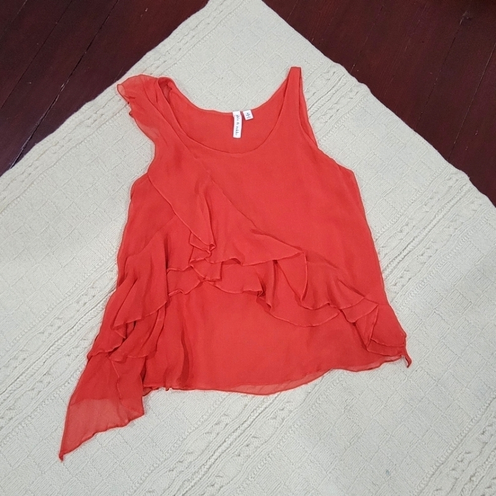 Robbi and Nikki Silk Chiffon Lagenlook Asymmetrical Ruffle Tank Blouse sz M Red